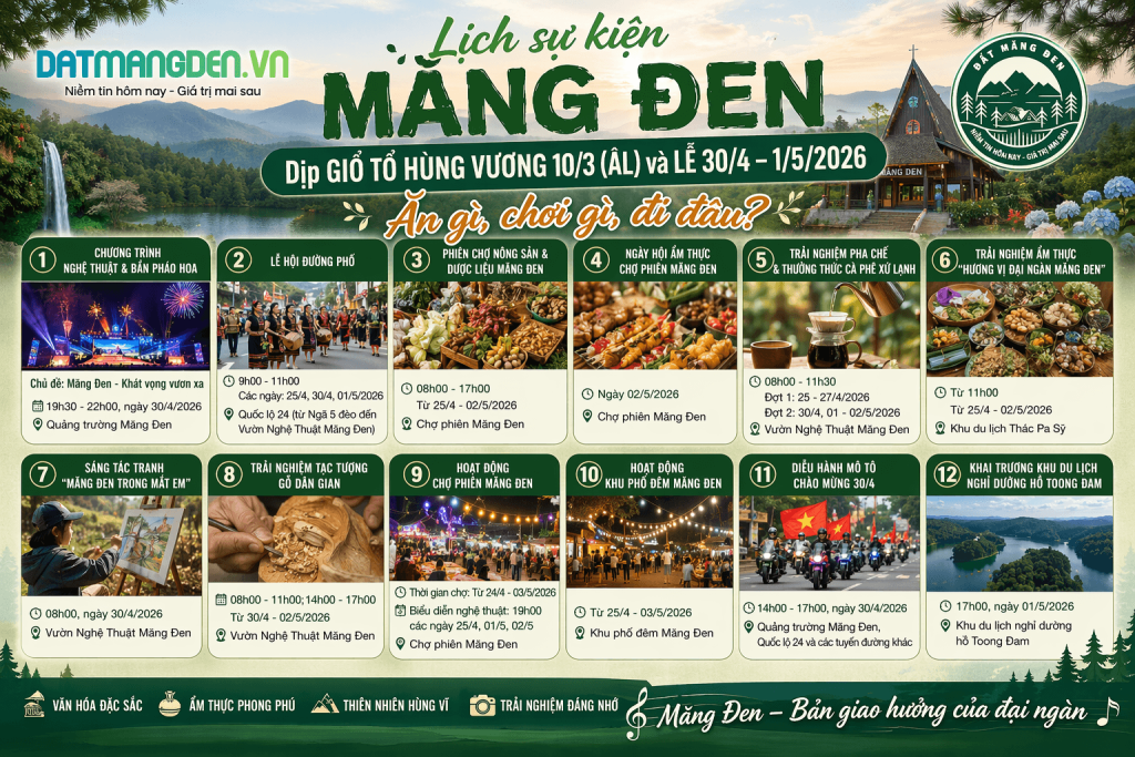 Poster lịch sự kiện Măng Đen 2026 dịp Giỗ Tổ Hùng Vương và lễ 30/4 – 1/5 với 12 hoạt động văn hóa, ẩm thực, du lịch nổi bật