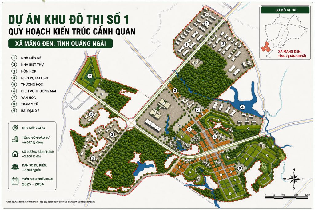 Bản đồ quy hoạch kiến trúc cảnh quan dự án Khu đô thị số 1 Măng Đen của Sun Group tại xã Măng Đen, tỉnh Quảng Ngãi với quy mô 264ha