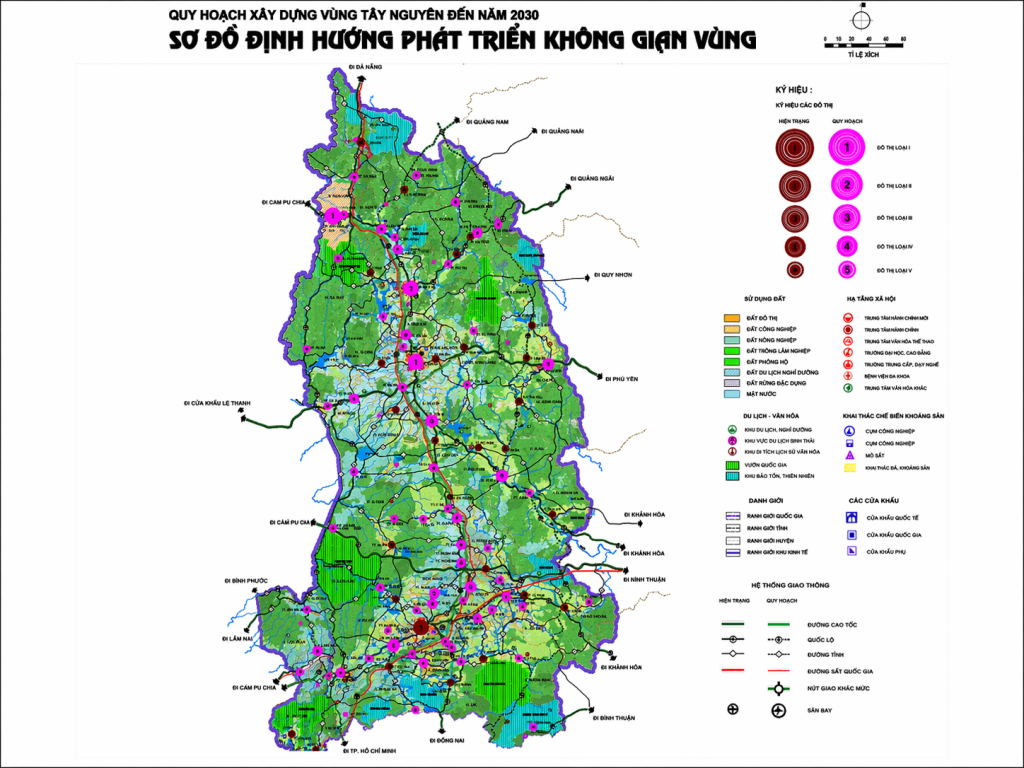 Sơ đồ quy hoạch không gian vùng Tây Nguyên đến năm 2030 với hệ thống giao thông, đô thị và kết nối hạ tầng liên vùng