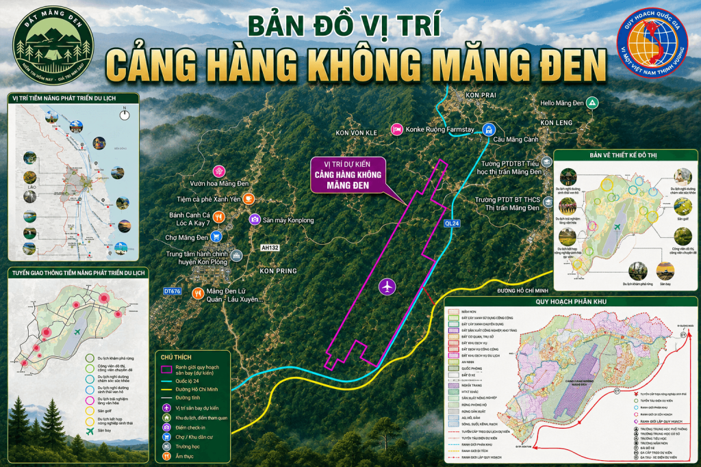 Bản đồ vị trí Cảng hàng không Măng Đen tại xã Măng Đen, tỉnh Quảng Ngãi cùng quy hoạch sân bay và định hướng phát triển du lịch khu vực