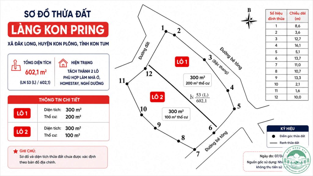 Sơ đồ thửa đất Kon Pring Măng Đen diện tích 602m2 có thể tách thành 2 lô với thổ cư rõ ràng